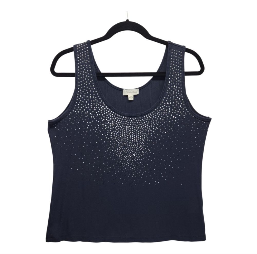 Calvin Klein Navy Embellished Fitted Ribbed Tank Top with Bling Size XL